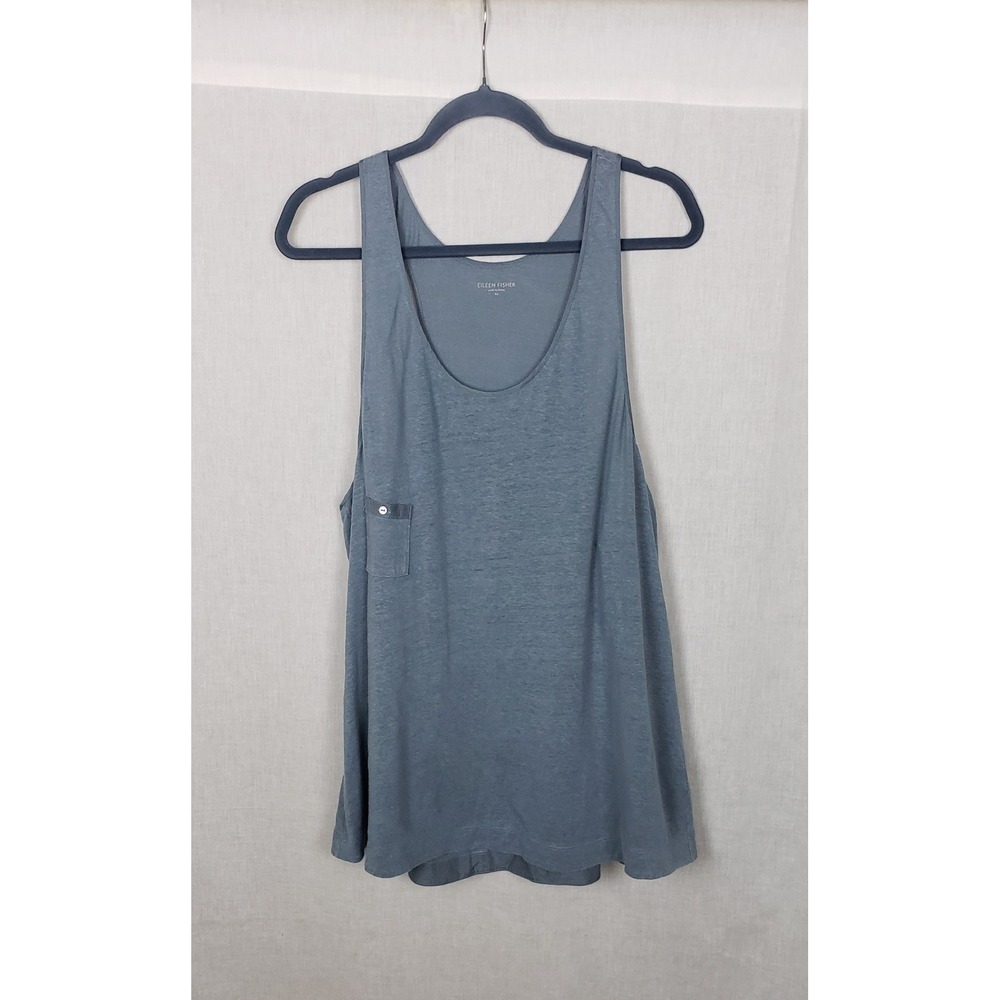 Eileen Fisher XL Blue Gray 100% Linen Racerback Pocket Tank Top Relaxed Earthy